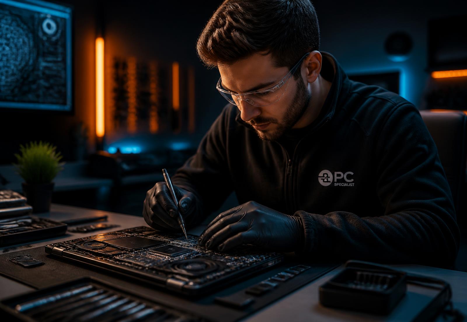 Técnico da Infomineira reparando a placa de um notebook